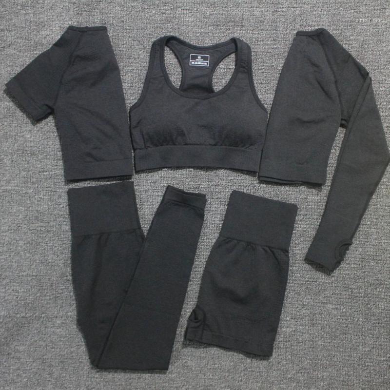 

5pc/set Women Vital Seamless Yoga Set Fitness Short Sleeve Long Crop Top Shirts Running Leggings Shorts Workout Clothes Gym Set1, 5pcs blue set