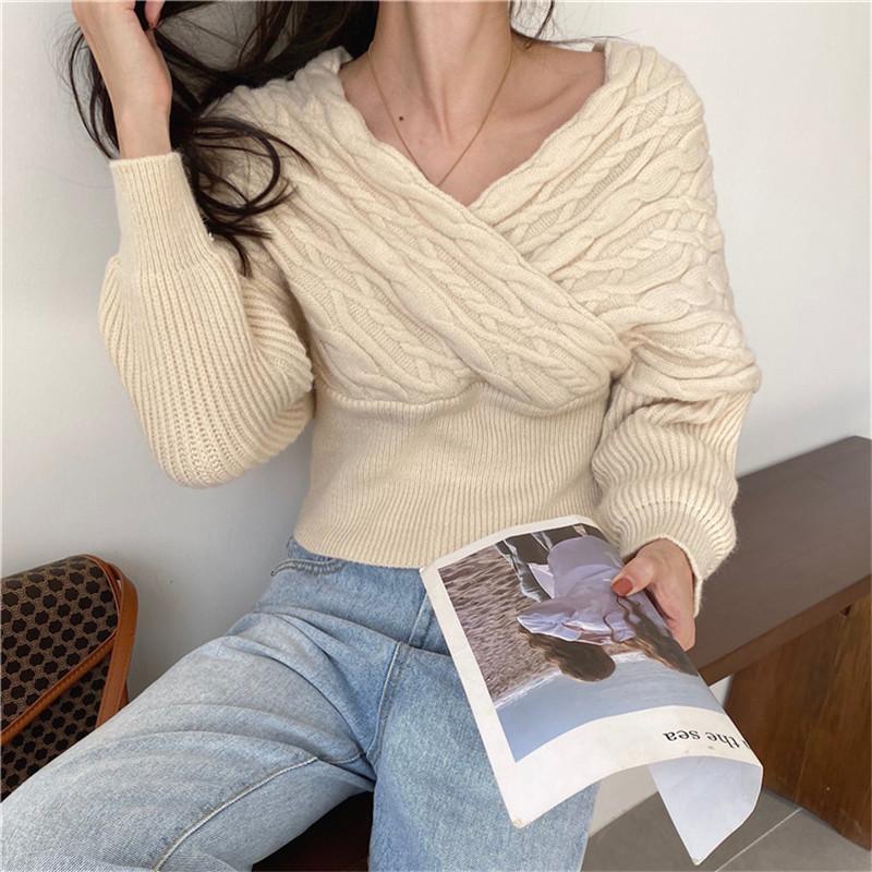 

Autumn Winter Sexy Warm Sweater Women Long Sleeve V-neck Slim Solid Color Thick Knitting Ladies Knitted Tops Casual Knitwear, Green