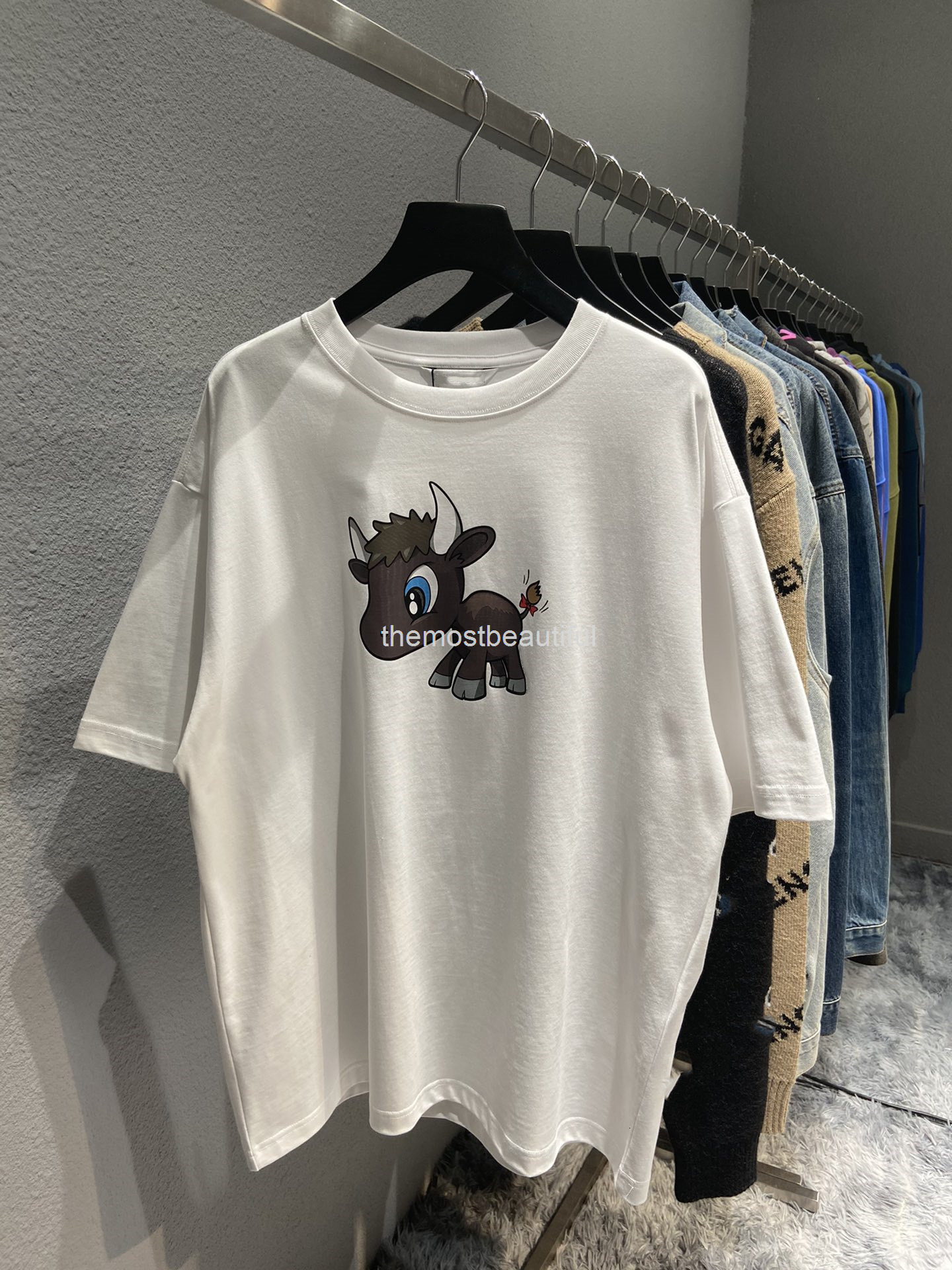 

Women' T-Shirt High version Paris 21ss spring and summer year of the ox bull calf short sleeve men' women' loose OS T-shirt, 2# packing bag