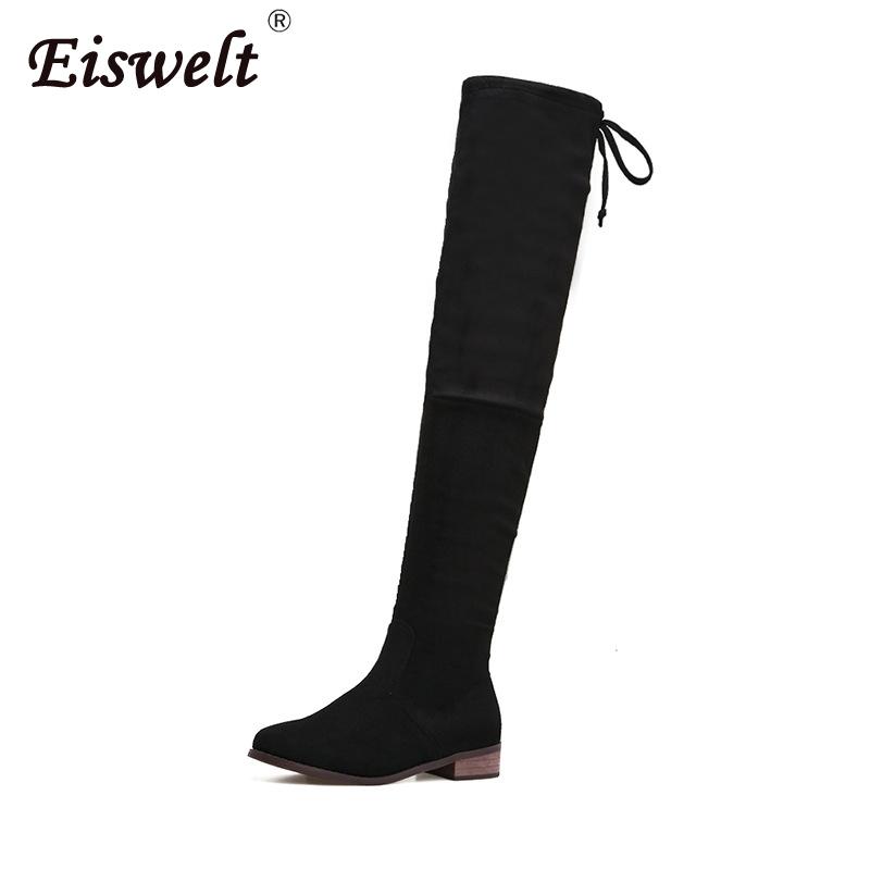 

EISWELT Fashion Women Autumn Winter Female Boots Ladies Over Knee Solid Shoes Sewing Flock Long Fashion Women Elastic Boots, Gray