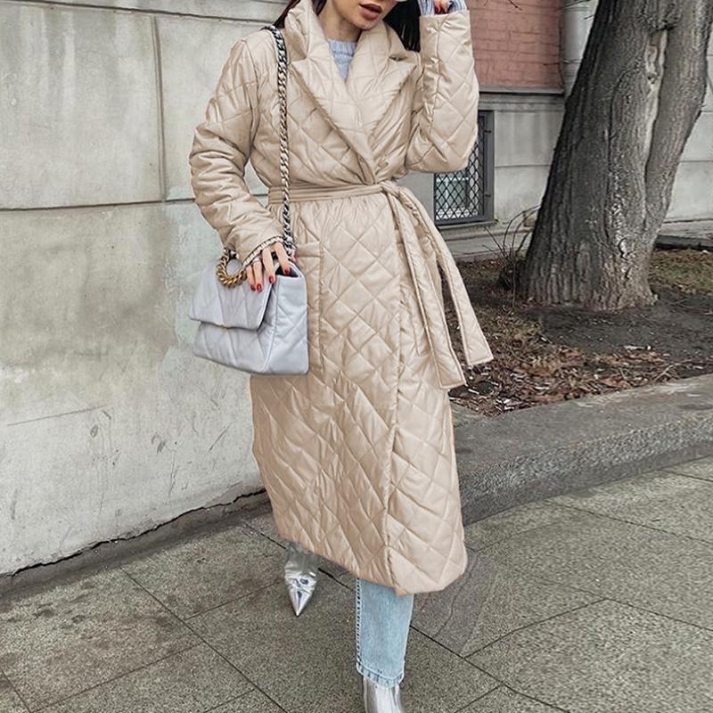 

Winter Women Long Straight Trench Coat Rhombus Pattern Casual Belt Women Jackets Pockets Collar Stylish Outerwear J55, Black