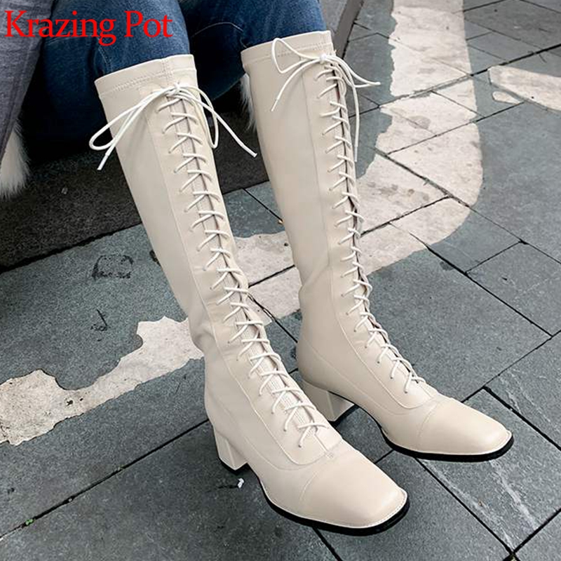 

Krazing Pot cow leather med heel square toe equestrian cross-tied fashion keep warm European design Korean thigh high boots l7f1, Beige