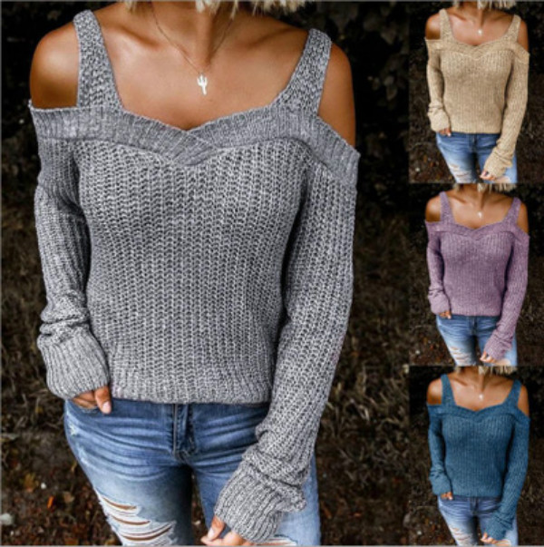 

Women Casual Sweaters 2020 Autumn New Sexy Sling Strapless Sweater Solid Color Casual Long-sleeved Sweater Womens Hot Sale Pullover Clothing, Khaki