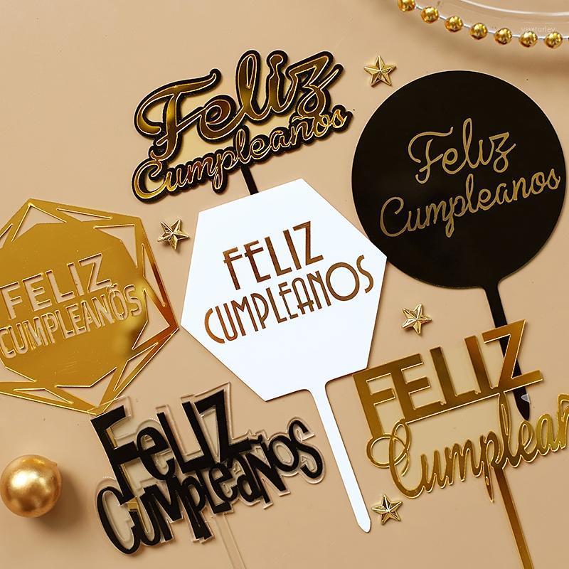 

Feliz cumpleaños. gold silver black Españ Acrylic Happy Birthday Cake Topper in Spanish for Party Decoration Baking Supplies1