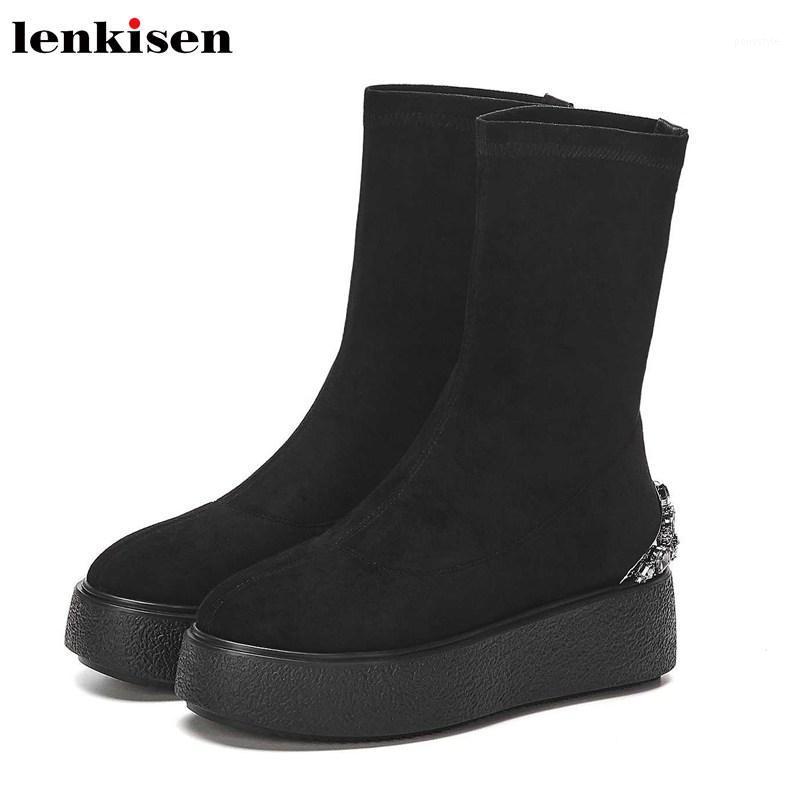 

Lenkisen crystal studded stretch flock thick bottom boots winter women keep warm breathable round toe fashion mid-calf boots L581, Black