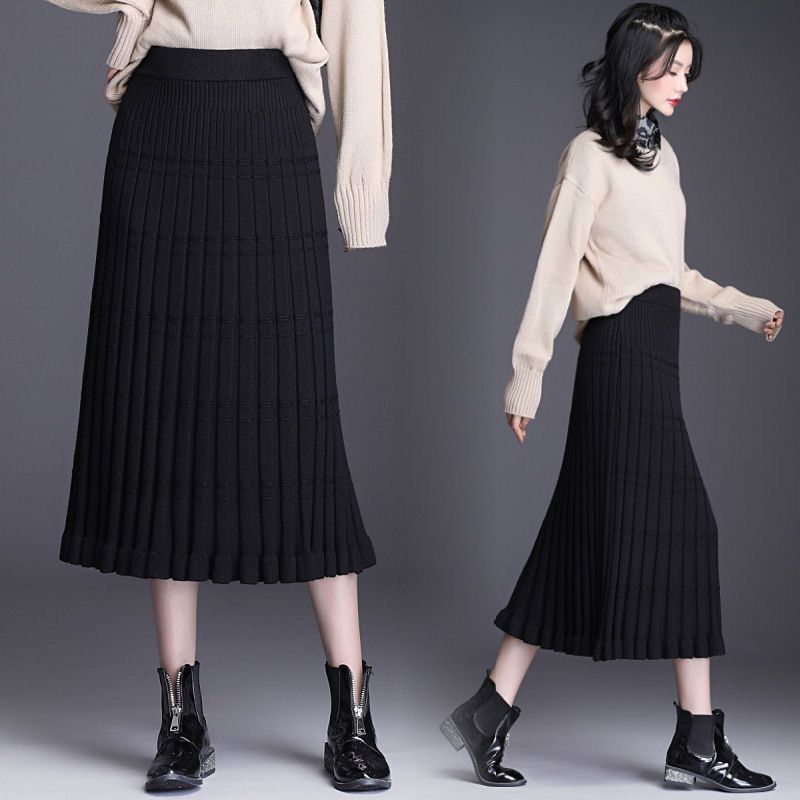 

Thick knit skirt women's autumn and winter wild mid-length pleated high waist skirt fishtail wool skirt 201110, Khaki