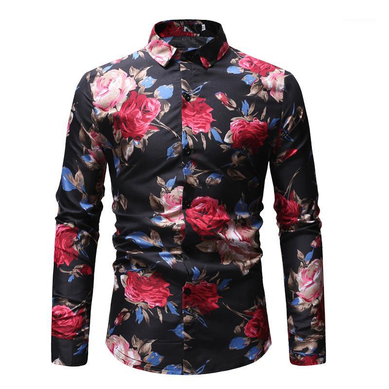 

Men's brand new creative personality fashion business casual long sleeve patchwork Hawaiian printed shirt men shirt street wear1, Black