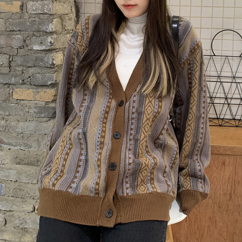

2021 New Autumn and Korean winter thick striped knitted cardigans cardigan blouses womens (c8682) 4Y2F, Coffee