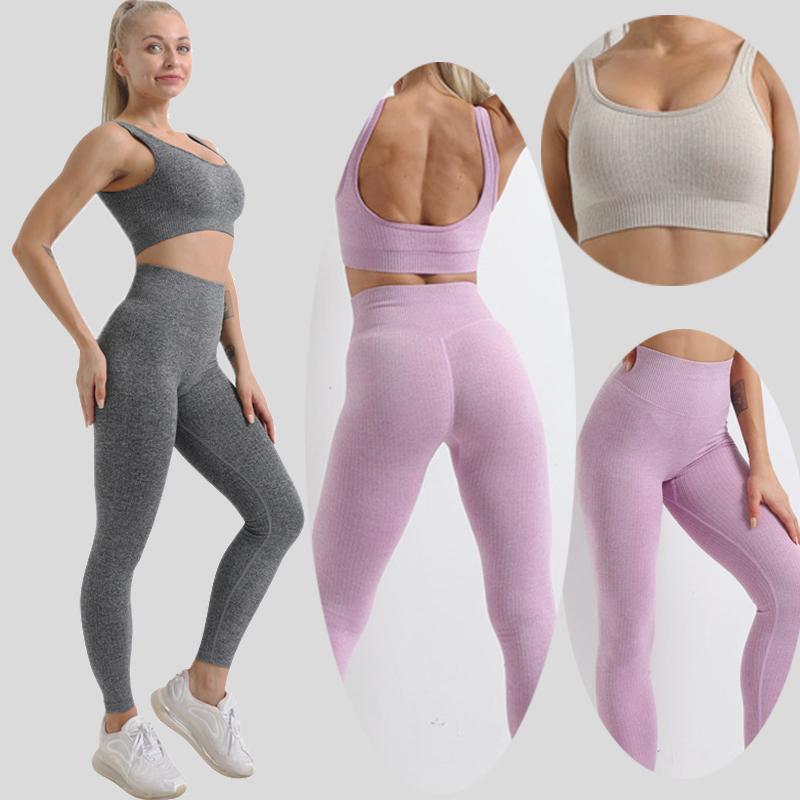 

2 pieces/set of seamless fitness women' yoga wear high stretch sports suit thickened sports bra high waist leg guard gym, Photo color