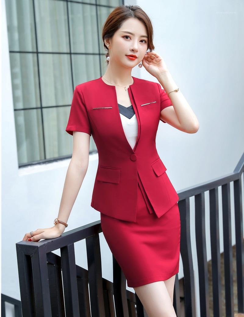 

2019 Summer Short Sleeve Formal Business Suits With Skirt and Tops Office Ladies Styles Work Wear Blazers Sets Novelty Red1, Black
