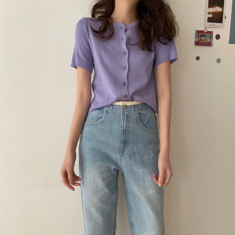 

Womens Cardigan Short Knitted Sweaters Girls Thin Jumper Female Short Sleeve Crop Top O-neck Button Solid Summer Casual Clothing, Black