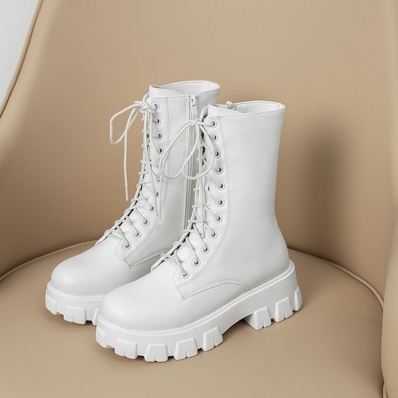 

White Combat Boots Women Autumn Black Leather Platform Gothic Shoes Boots Winter Warm Plush Women Mid-Calf Boots Size 35-43 201104