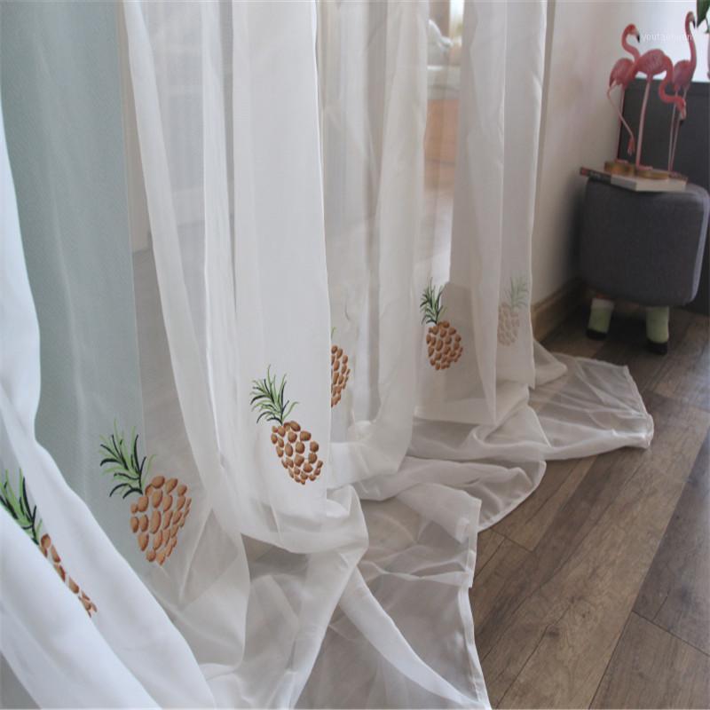 

Embroidery Pineapple Tulle Curtains Pastoral Style Voile Floral Window Decorative cortinas for bedroom Living Room Drape Panels1, White
