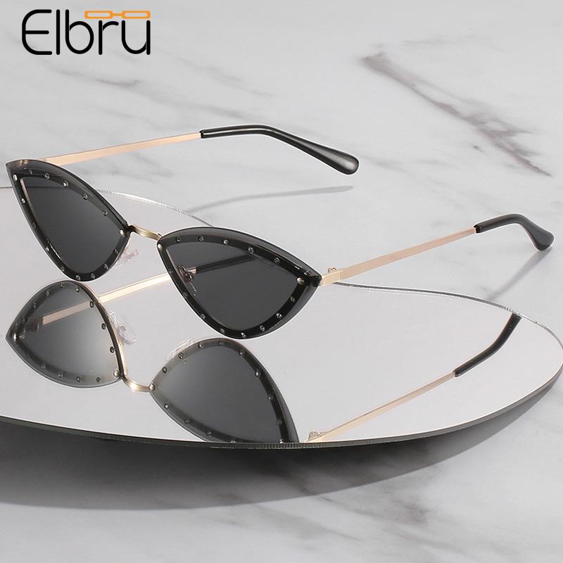 

Elbru Fashion Women Cat Eye Sunglasses Rimless Colorful Lens Sun Glasses Diamond Decoration Metal Frame UV400 Sungshades Female