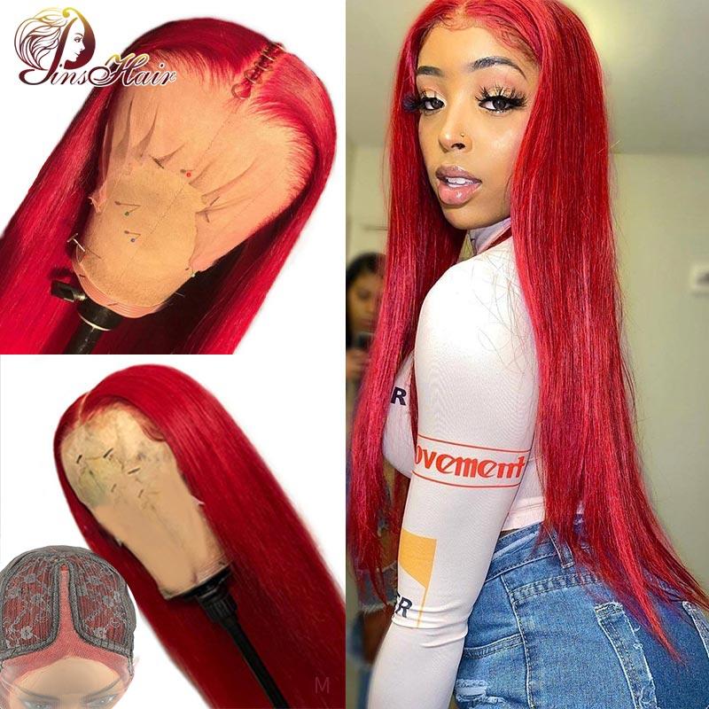 

Red 13*1 Lace Part Human Hair Wigs For Black Women Straight Lace Part Wig Pinshair Peruvian Remy Human Hair Wig Pre Plucked 180%, As pic