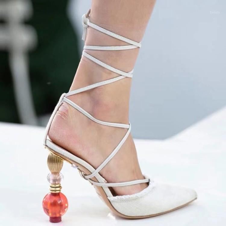 

US4-11 Womens Pointed Toe Canvas Strange High Ball Heel Cross Straps Pumps Ankle Strap Shoes Plus Size 3Colors C5361, Beige