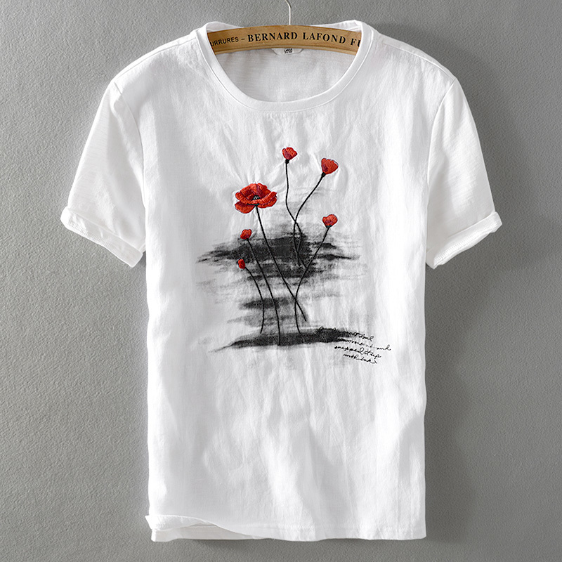 

Summer New Men's Linen T-shirt Classic Round Neck Loose Casual White T Shirt Men Short Sleeve Embroidery Tshirt Mens Camisa Y200930