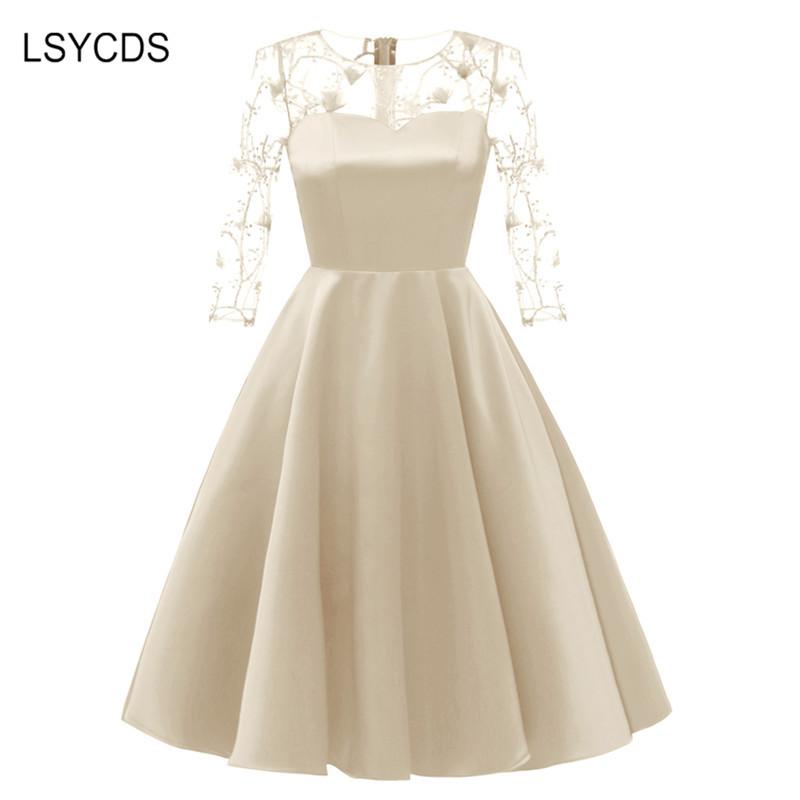 

LSYCDS Sexy Backless Mesh Dress Women Pink 3/4 Sleeve O-Neck Floral Embroidery Dress Casual Party Ladies Retro Night Club, Apricot
