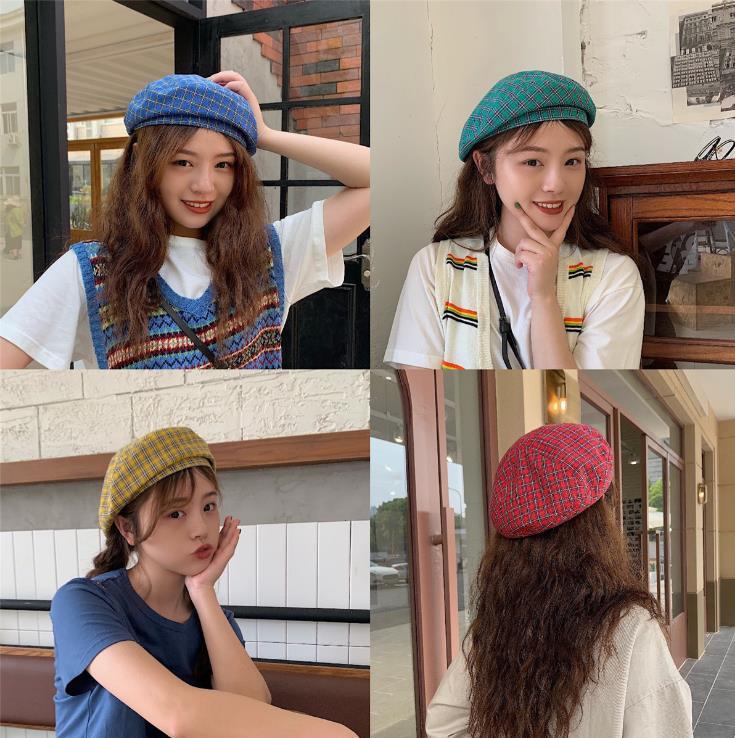 

Trend French Plaid Female Retro Cotton Beret Vintage High Quality Spring Summer Women Yellow Painters Cap