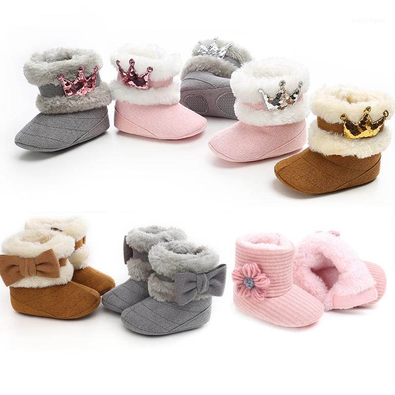 

Winter Baby Shoes Thick Warm Plush Baby Girl Boots Crown Flower Bows Tassel Cotton Anti-slip Sole Boots Infant Snow1, Pink