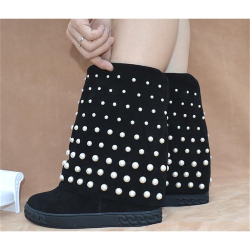 

2020 White Beige/black Suede Pearls Studded Woman Ankle Winter Heel Eight Inches Growing Height Slip-on Boots Hujp