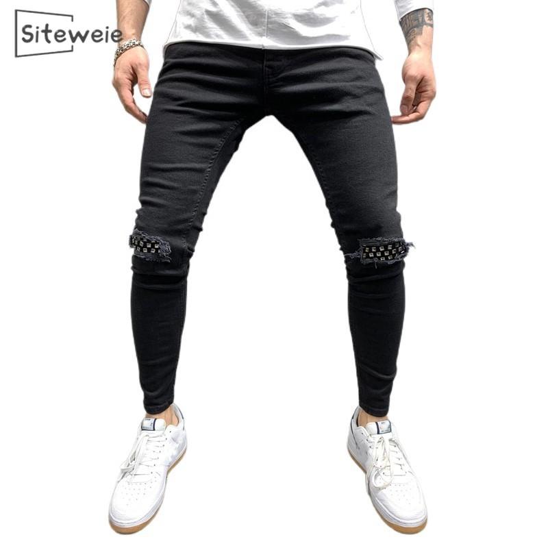 

SITEWEIE Men' Sweatpants Sexy Hole Jeans Pants Casual Autumn Male Ripped Skinny Trousers Slim Moto Biker Outwears Pants L525, Black