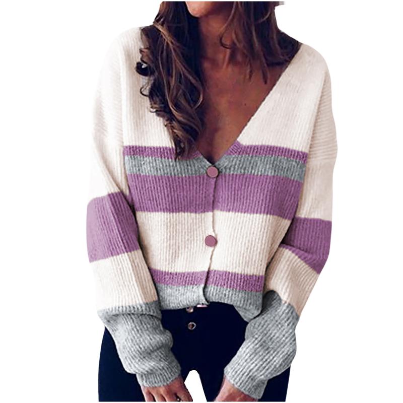 

jersey mujer Knitted Cardigan Sweater Button Striped Stitching Sweater Color Matching 2020 Autumn Women New, Beige