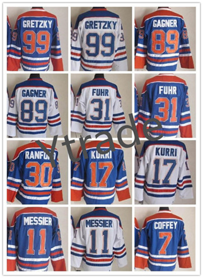 

CCM Men Stitched 99 GRETZKY hockey jersey17 KURRI 7 COFFEY 30 RANFORD 31 FUHR White Blue Vintage Jerseys, #11messier blue