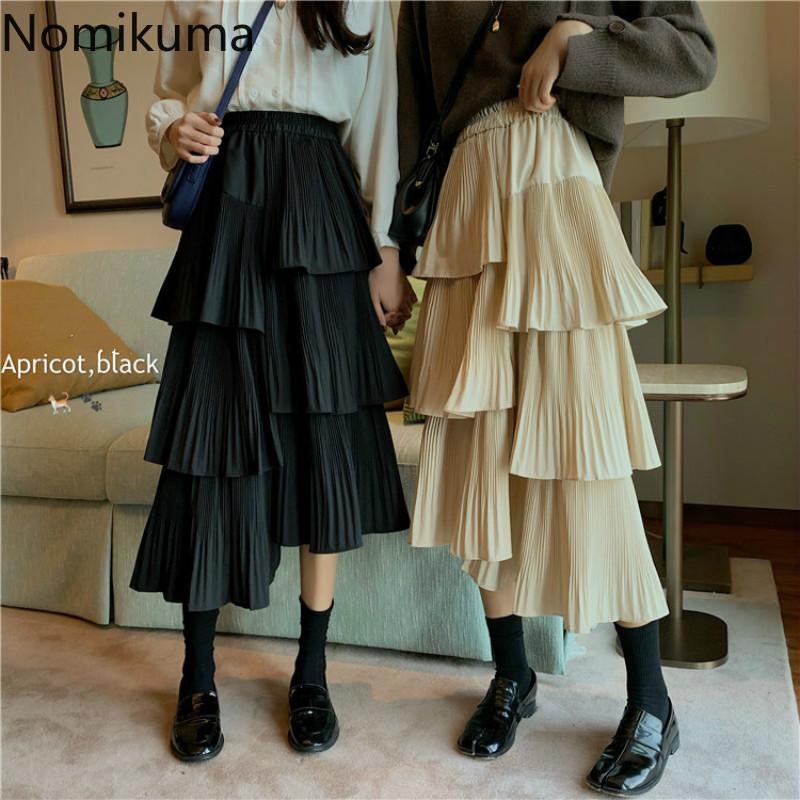 

Nomikuma New Arrival Ruffle High Stretch Waist Skirt Women Casual Fashion Solid Color A Line Skirts Korean Style Faldas 3c930, Black skirt