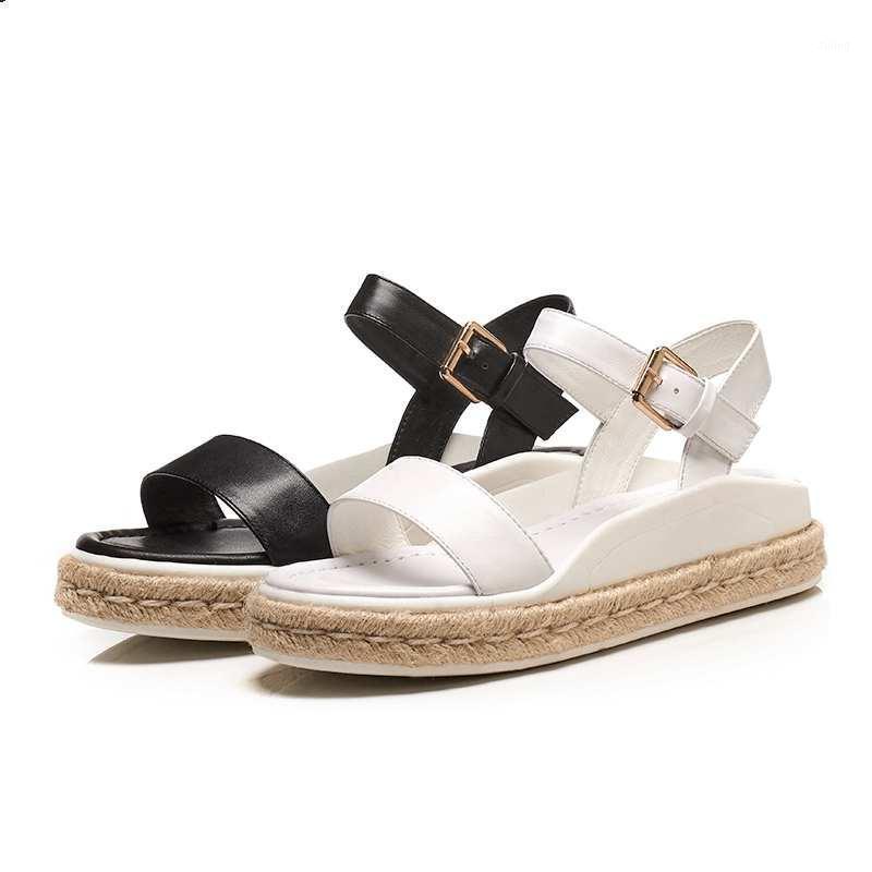 

full grain leather rock punk lazy style handmade straw soles med heels pregnant thick bottom streetwear sandals 551, Black