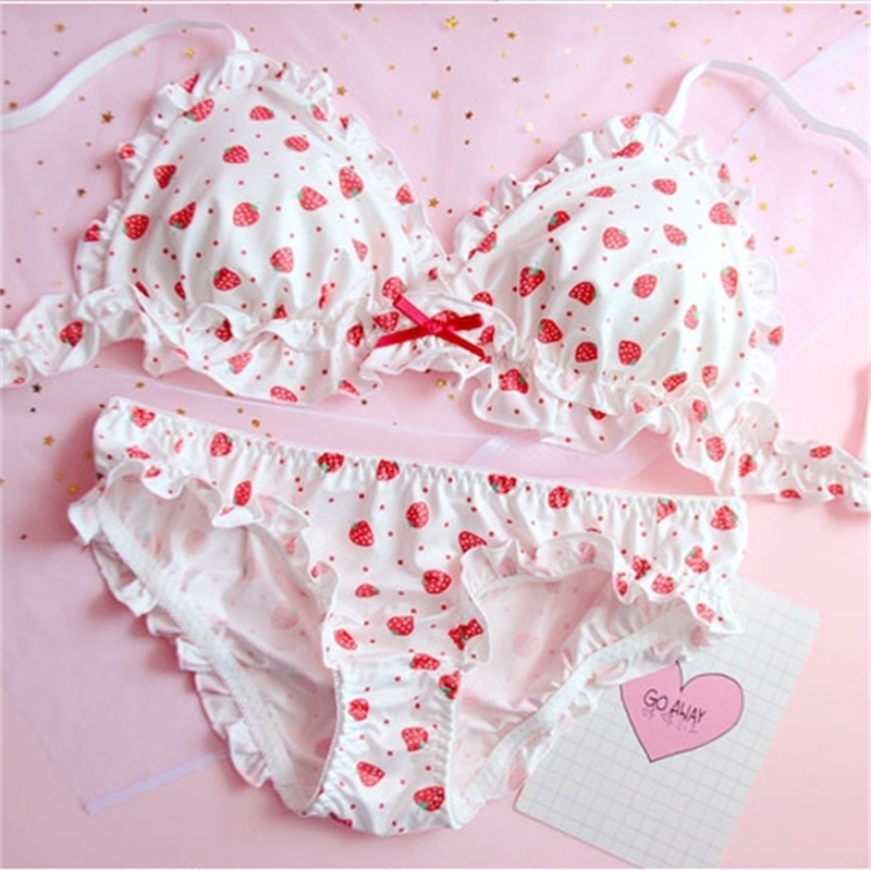 

Strawberry / Print Japanese Milk Silk Bra & Panties Set Wirefree Soft Underwear Intimates Set Kawaii Lolita Bra and Panty Set Y200422, Flower