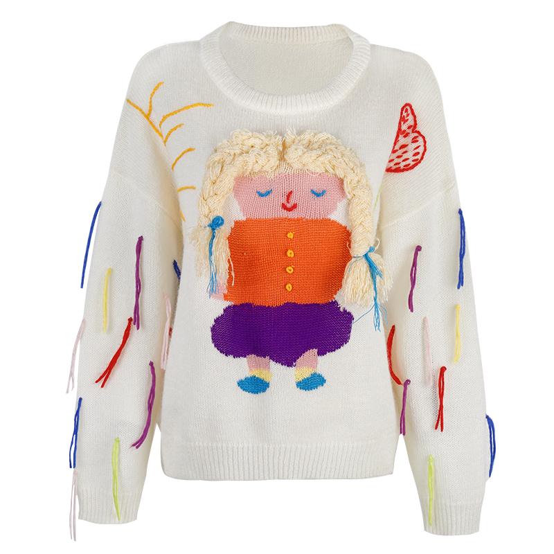 

Cute Cartoon Tassel Knitted Sweater Women Autumn Winter Loose Casual Outwear 2020 Fashion Oversized pull femme hiver, Creamy-white