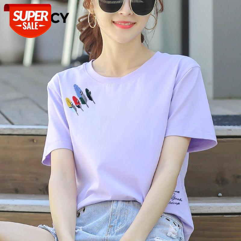 

JFUNCY Embroidery T Shirt Women 2020 Summer 100% Cotton O-neck Casual Shirt Female Short-Sleeve T-shirt 7 Colors Tee Tops #1p5u, White