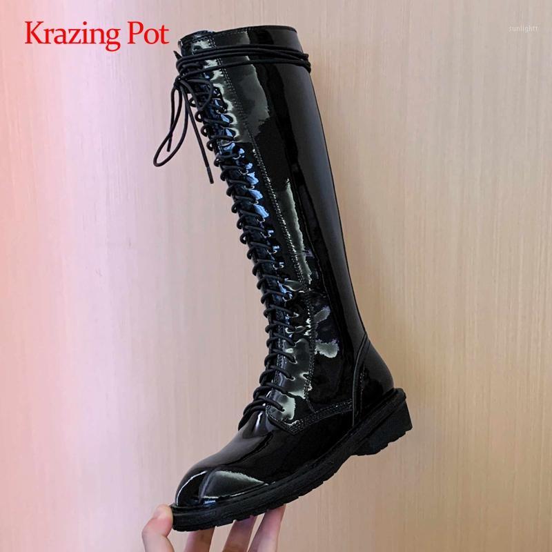 

Krazing pot equestrian boots big size real leather coolest round toe thick med heel zipper punk energy sexy knee high boots L131, Black 1
