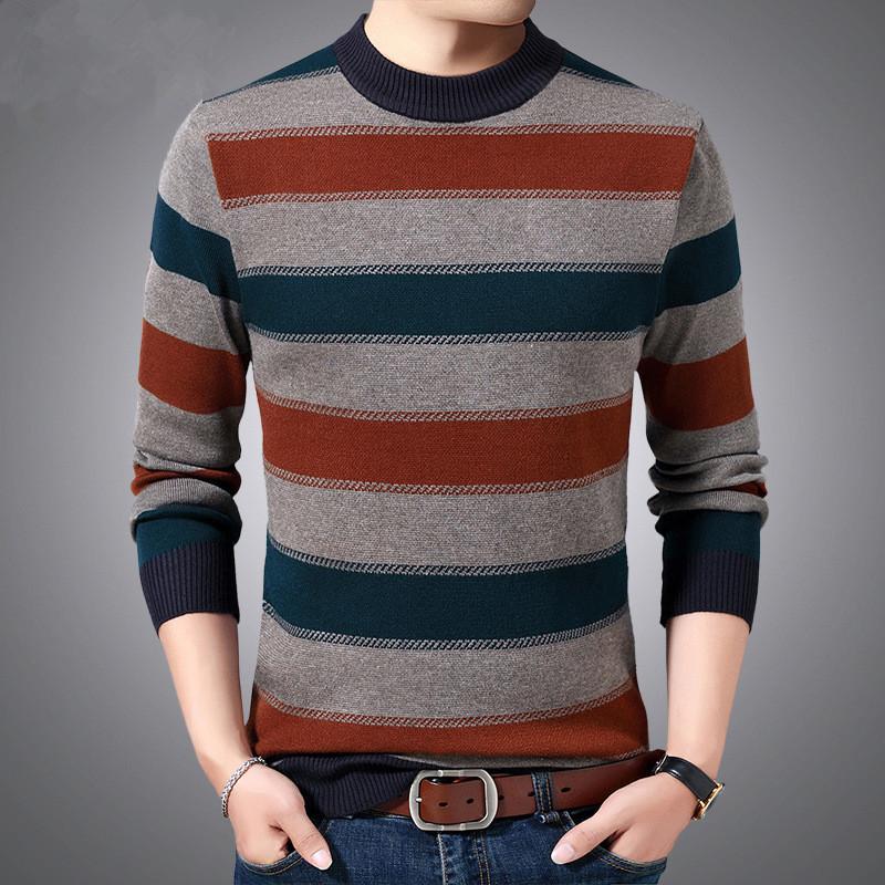 

Men's Spring Autumn Casual Knitwear Pullover Shirt Sweater Male Clothing Streetwear Fashion Striped O-Neck Pull Homme, Orange