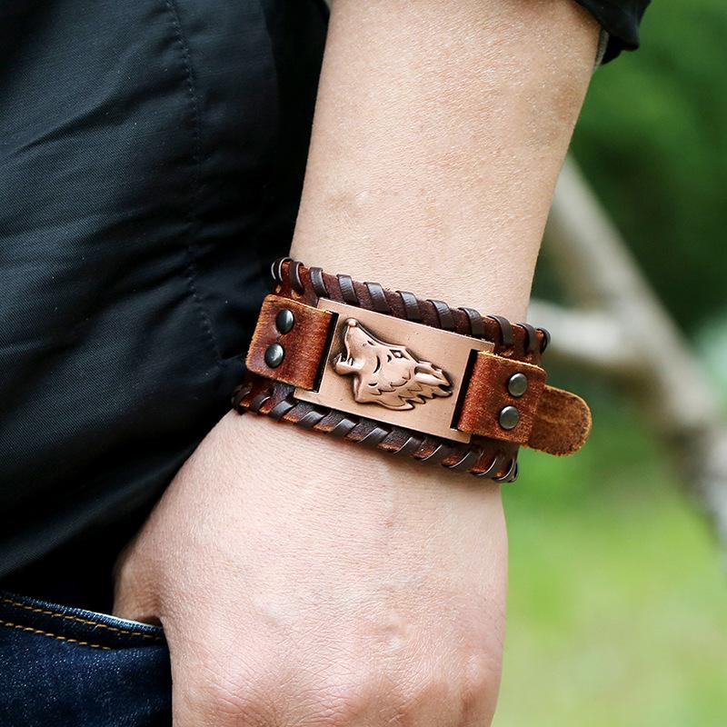

BPK029 Cowhide Genuine Leather Handmade Men Bracelet Punk Bracelet Cuir Homme Wolf Butterfly Wide Bileklik Erkek Mens Jewellery