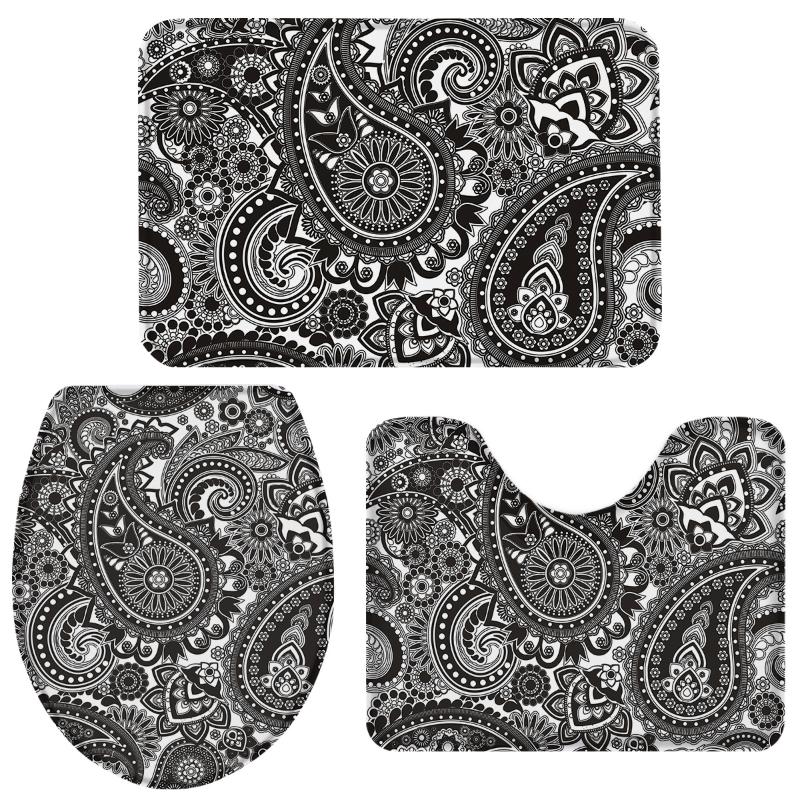 

Black And White Paisley Bathroom Set Toilet Cover Mat Pedestal Rug Non-Slip Bathroom Accessories Set Home Doormat