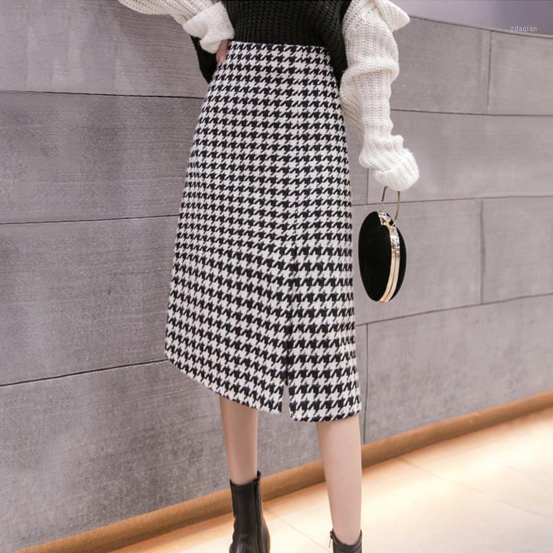 

Women' autumn winter woolen skirts houndstooth ladies vintage skirt high waist split hem midi long woman skirt elegant jupes1, Black