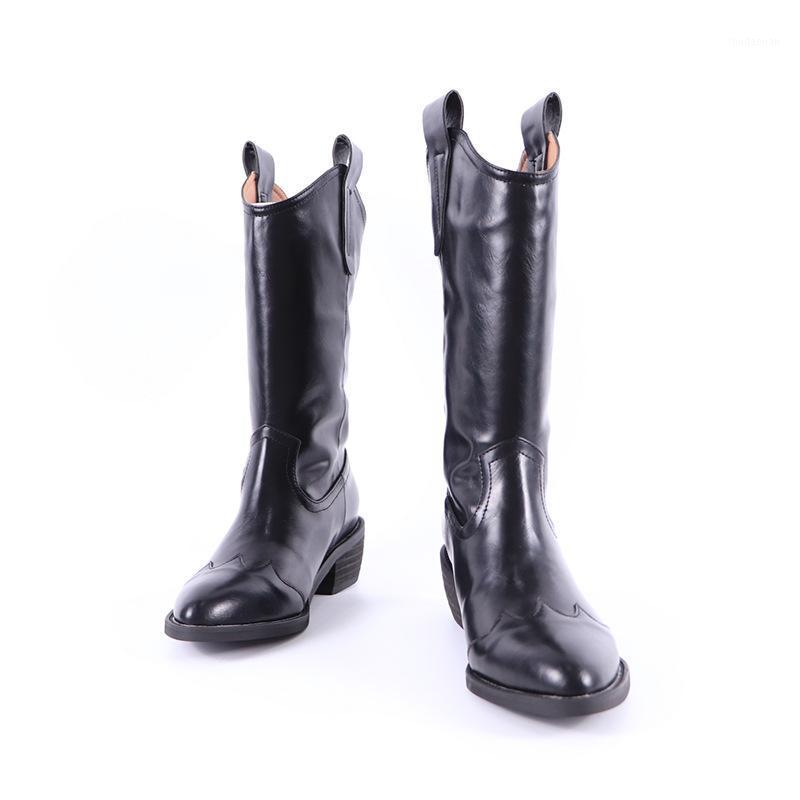 

2020 Autumn New Style PU Shoes Pointed Toe Sleeve Ladies Leather Boots Square Heel Retro Women Boots Knight Women1, Black