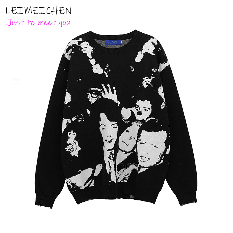 

Mens Character Jacquard Sweater Knitwear Gothic Street Hip-Hop Ripped Sweater 2021 Autumn/Winter Retro Oversize Sweater, Black