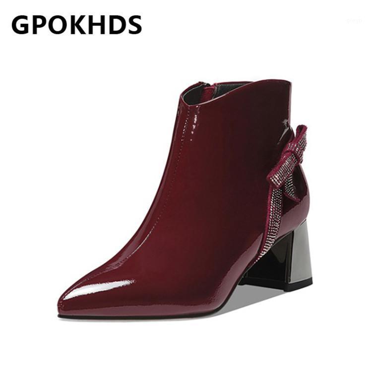 

GPOKHDS 2021 women Ankle boots Cow leather Winter short plush Pointed Toe Butterfly-knot Crystal High heels female boots size 391, Black