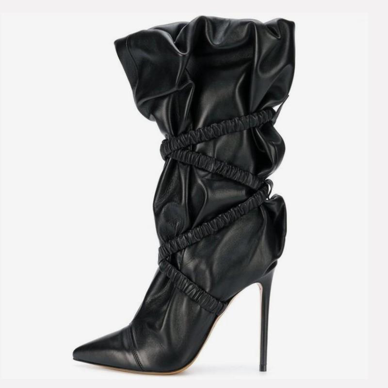 

DEAT 2020 New Autumn Winter Fashion Pointed Toe High-heeled Pleated Medium Stacked Large Size Women Boots Shoes Women SG4521, Black