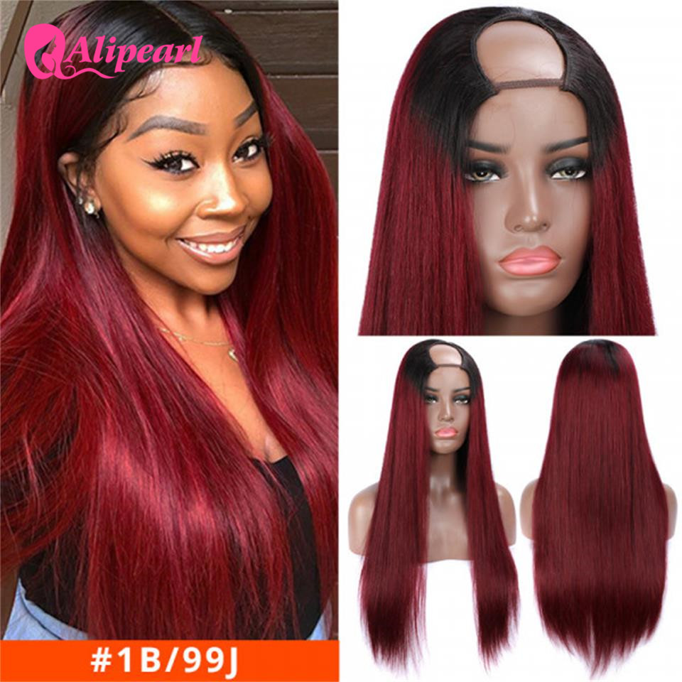 

AliPearl Hair U Part Wig #1B/99J Straight Human Hair Wigs For Black Women 150% 180% Density Brazilian Ombre Colored Wigs, As pic