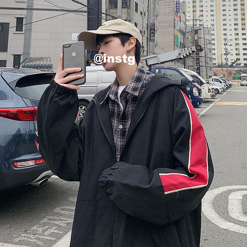 

2020 Spring And Autumn New Youth Popular Men's Loose Color Matching Hooded Jacket Fashion Casual Top Coat Gray Black Blue /Khaki