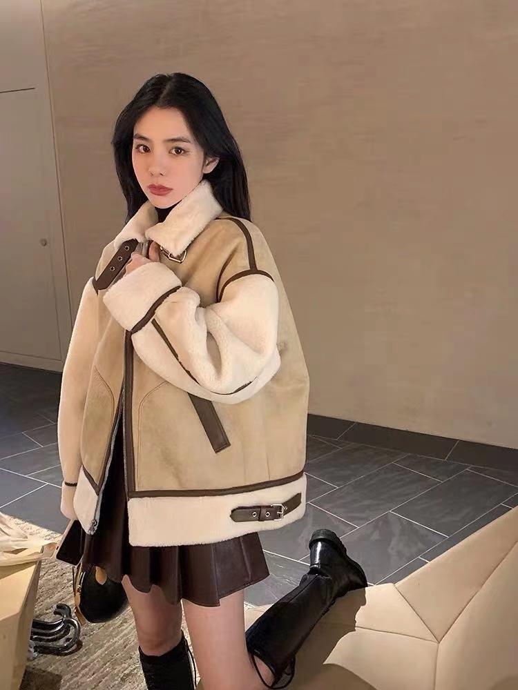 

outono inverno feminino Turn-down Collar manga longa casacos de pele do falso engrossar quente outerwear senhoras casaco sólido, Beige