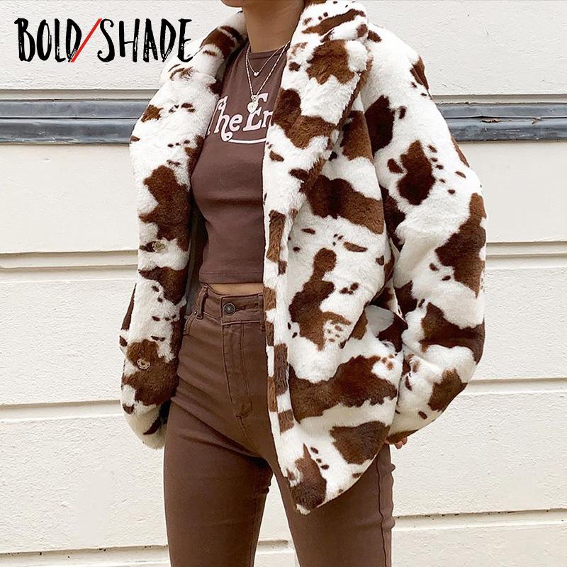 

Bold Shade Milk Cow Printed Brown Coats 90s Streetwear Button Turn-down Collar Indie Jacket Warm Winter Vintage Coat Oversize
