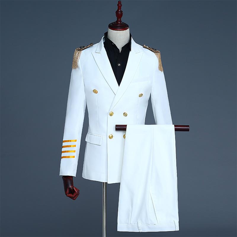 

White Double Breasted Wedding Groom Tailcoat Suit Men Stage Cosplay Captain Costume Homme Evening Prom Mens Suits with Pants XXL, Navy