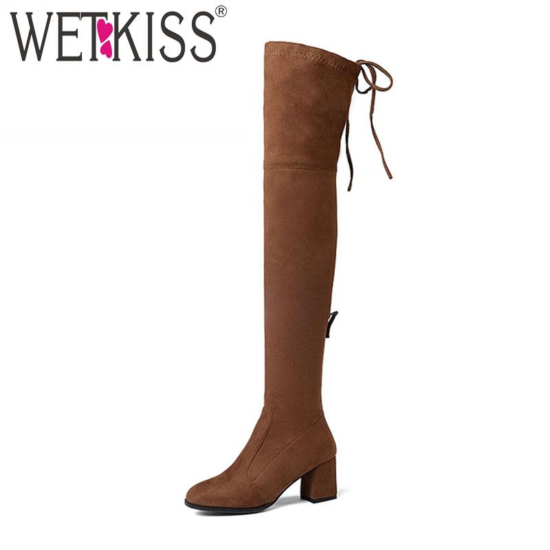 

WETKISS Newest Model Lady Over the Knee Boot Zipper Stretch Fabric Long Boot Thick High Heel Woman Shoes Winter Big Size 43, Red