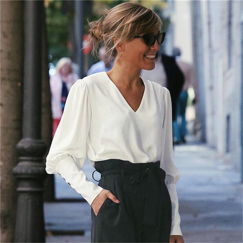 

V-Neck Women Blouse Shirts Puff Sleeve Button White Blouse Summer Autumn Lady Shirt Top Female Office Chiffon Casual Tops, Blue