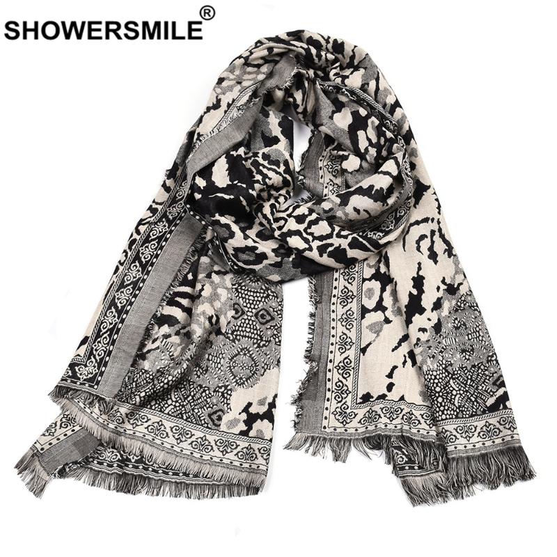 

SHOWERSMILE Winter Scarf Men Leopard Print Male Scarves Black Gray Knitted Tassel High Quality Men Scarf 195cm*65cm